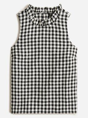 J Crew 100% linen Fleur top in gingham check black white ruffled sleeveless top